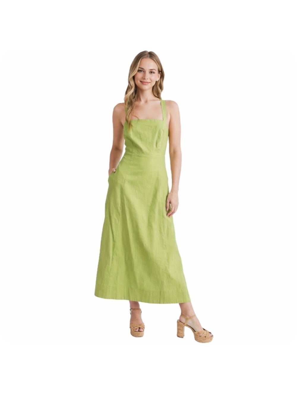 Mila Mae Linen-Cotton Square Neck Maxi Dress Green Small